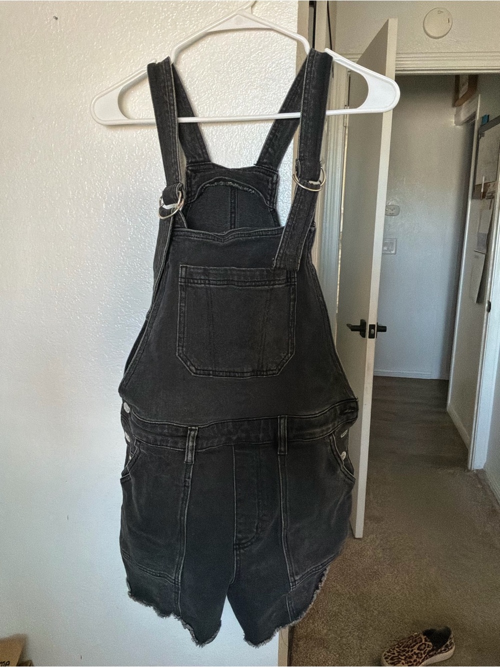 SO Faded Black Denim Raw Hem Short Overalls - Size L